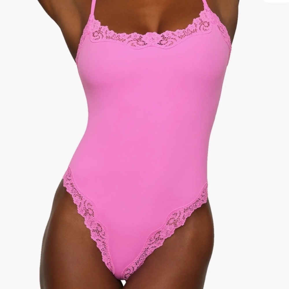 SKIMS Pink Lace Bodysuit